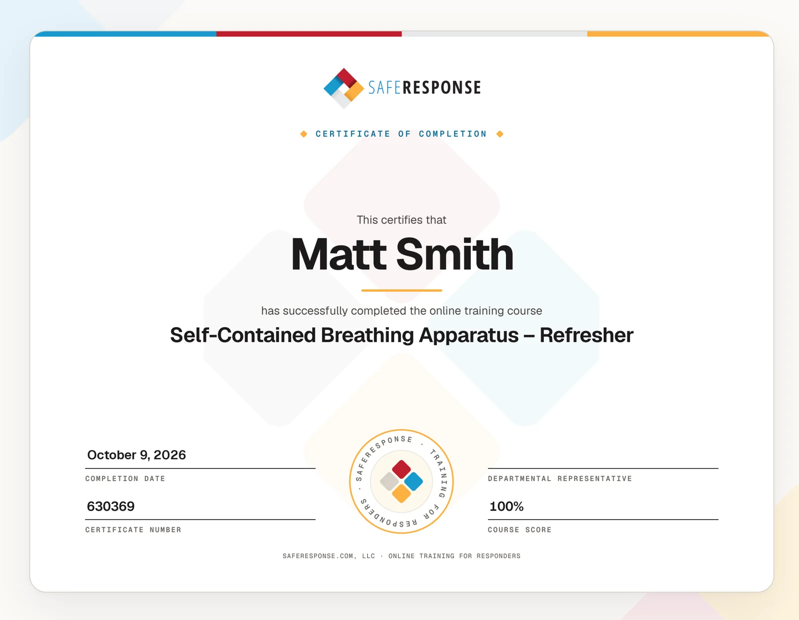 A sample SafeResponse certificate of completion showing the learner's name, course title, completion date, certificate number and course score.