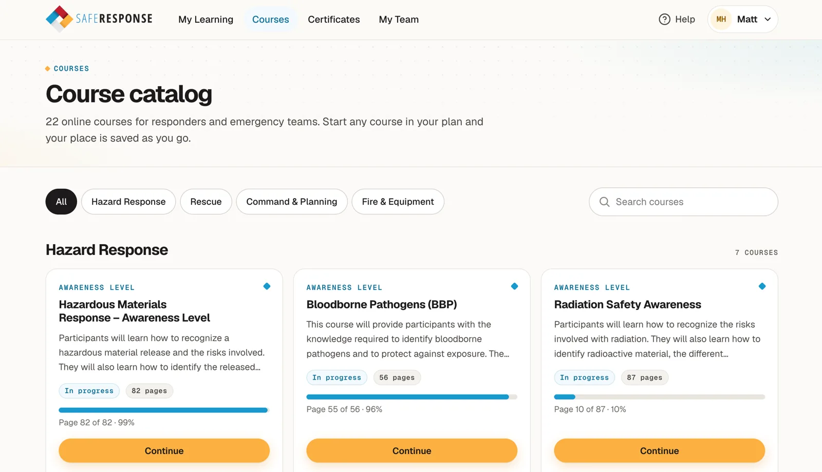 The SafeResponse course catalog with category filters, a search box, and course cards showing progress and Continue buttons