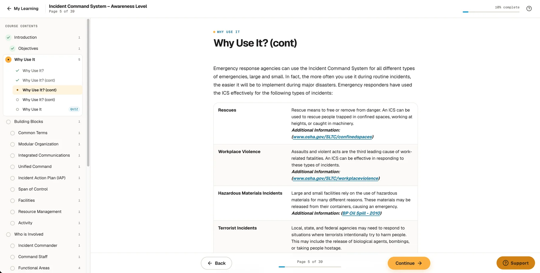 A SafeResponse course page: course contents with completed sections on the left, lesson text in the middle, and Back and Continue buttons with page progress at the bottom.