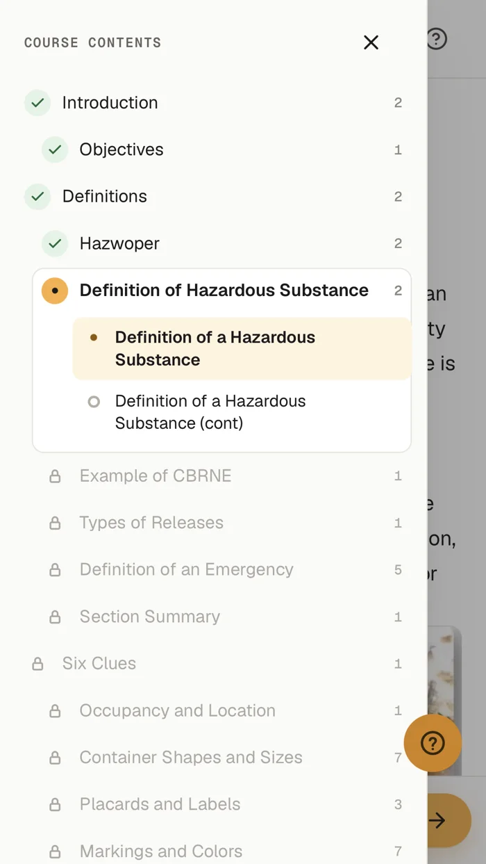 The course contents panel on a phone, with completed sections checked off, the current page highlighted and later sections locked.