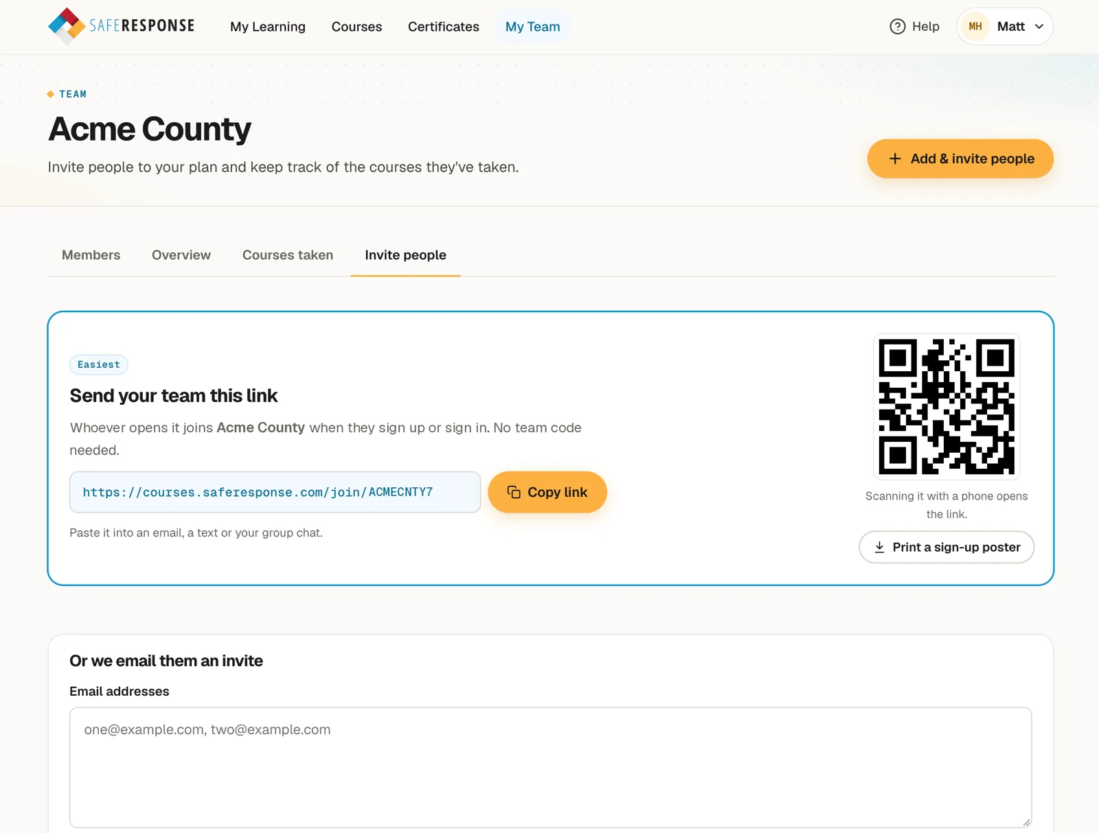 The team Invite people screen, with a join link to copy, a QR code, a Print a sign-up poster button, and a box for emailing invites